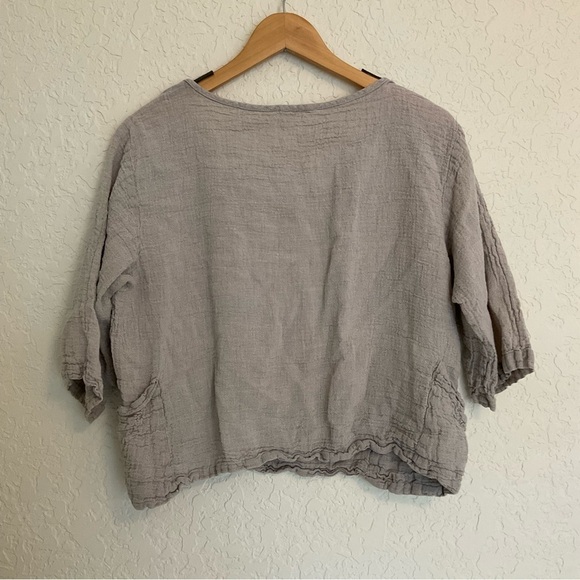 luukaa lagenlook linen beige 3/4 length sleeves front pockets shirt - Picture 8 of 8